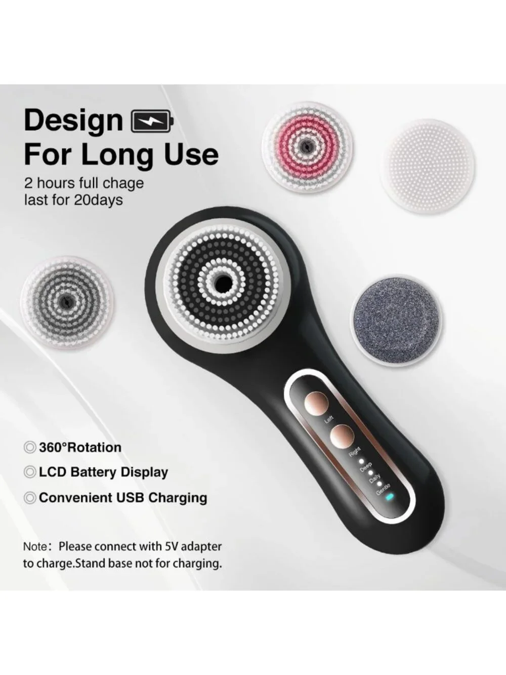 Rechargeable Waterproof Face Scrubber with 5 Brush Heads | 2-Way Rotating for